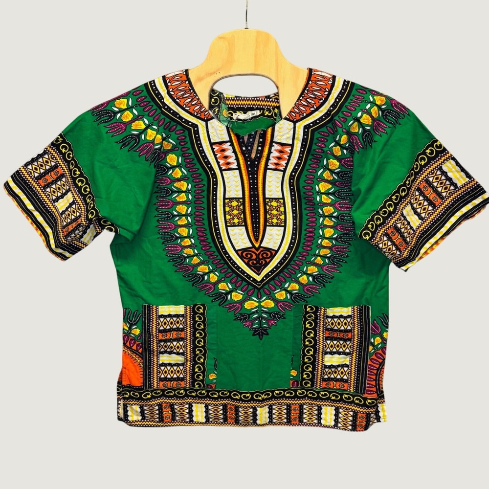 2073 | It Girl African Dashiki Print Cotton Festival Top Green Womens Small